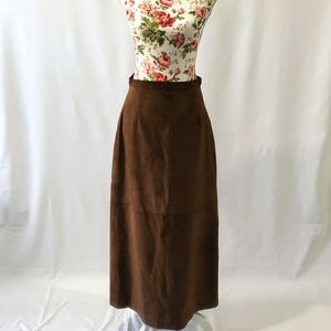 Long Brown Leather Suede Skirt with Back Split